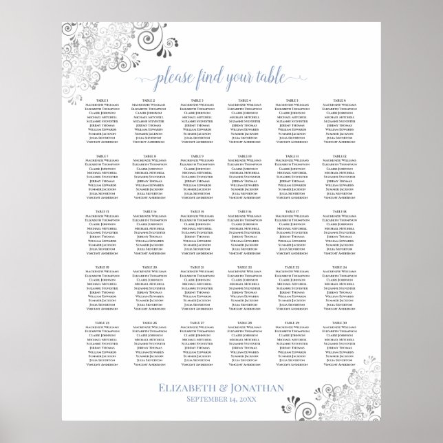 Lacy Silver & Blue 30 Table Wedding Seating Chart (Front)
