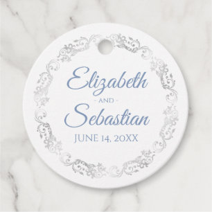 Lacy Silver Border Elegant Blue & White Wedding Favour Tags