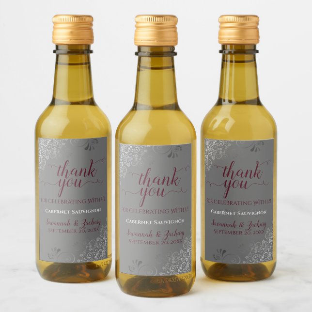 Lacy Silver Burgundy Grey Wedding Thank You Mini Wine Label (Bottles)