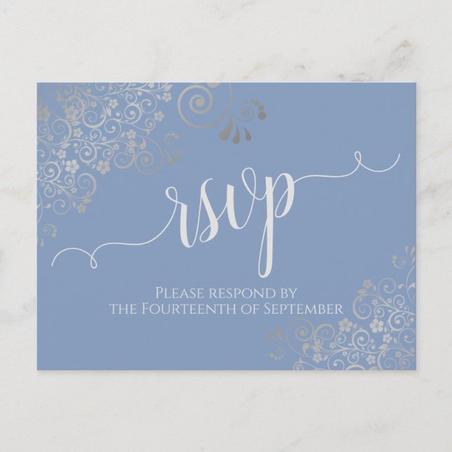 Lacy Silver Calligraphy Light Blue Wedding RSVP Postcard (Front)
