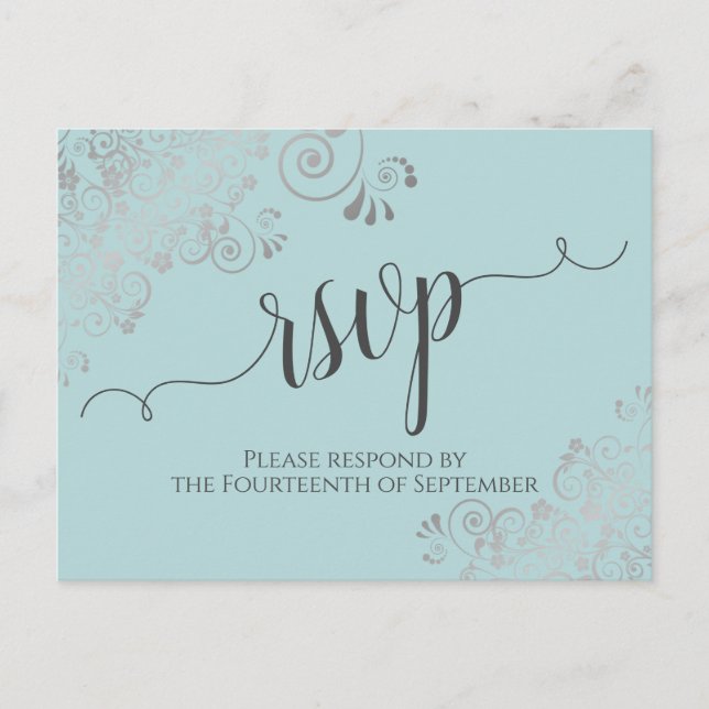 Lacy Silver Calligraphy Mint Teal Wedding RSVP Postcard (Front)