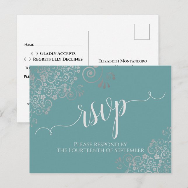 Lacy Silver Calligraphy Teal Wedding RSVP Postcard (Front/Back)