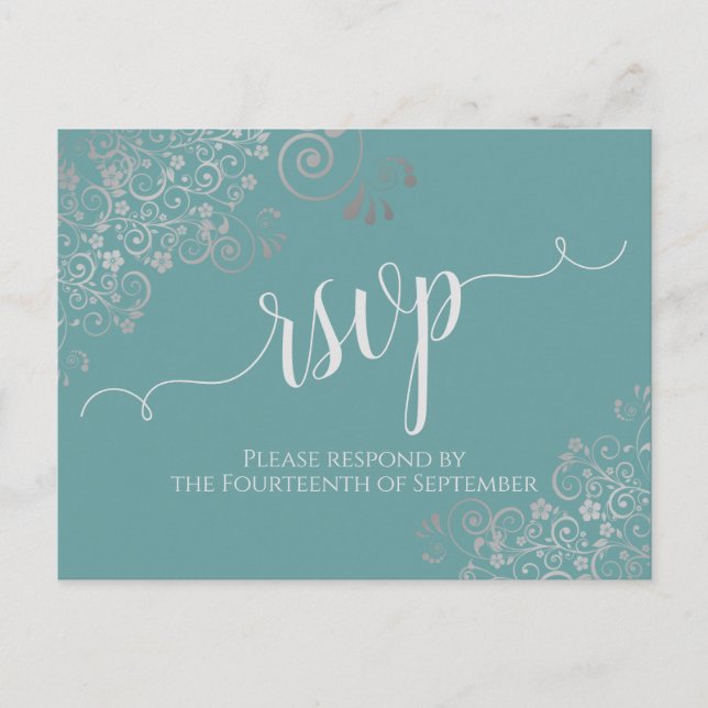 Lacy Silver Calligraphy Teal Wedding RSVP Postcard (Front)