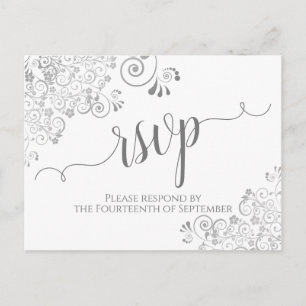 Lacy Silver Calligraphy White & Grey Wedding RSVP Postcard