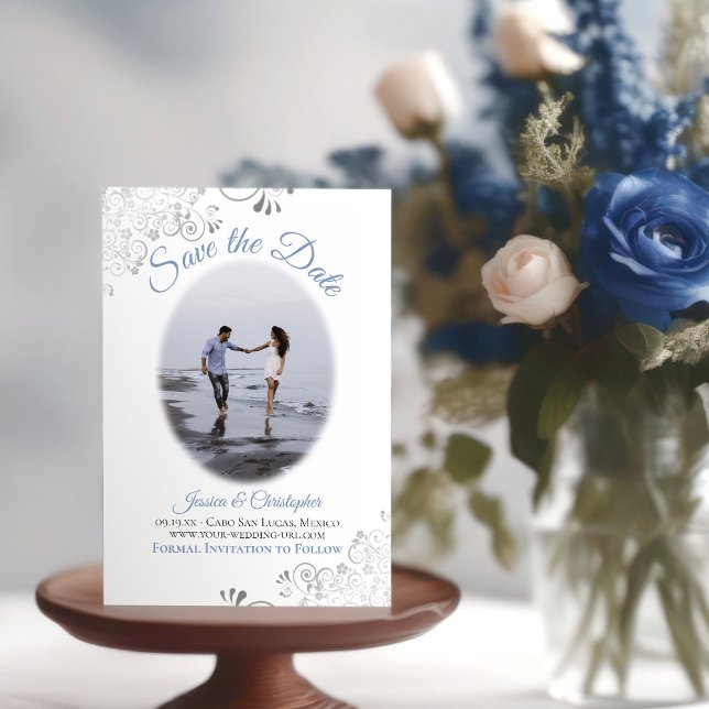 Lacy Silver Dusty Blue on White Oval Photo Wedding Save The Date (Creator Uploaded)