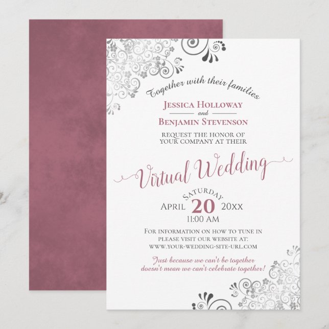Lacy Silver Dusty Rose & White Virtual Wedding Invitation (Front/Back)