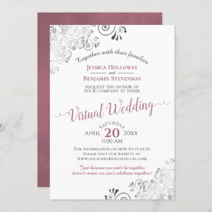 Lacy Silver Dusty Rose & White Virtual Wedding Invitation