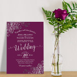 Lacy Silver Elegant Cassis Purple Magenta Wedding Invitation<br><div class="desc">This beautiful wedding invitation features a simple yet elegant design with lacy script calligraphy on a cassis purple or magenta background and frilly silver grey faux foil filigree in the corners. The wording is formal,  but the layout is modern and stylish.</div>