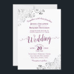 Lacy Silver Elegant Cassis Purple on White Wedding Invitation<br><div class="desc">This beautiful wedding invitation features a simple yet elegant design with lacy cassis purple or magenta script calligraphy on a white background and frilly silver grey faux foil filigree in the corners. The wording is formal,  but the layout is modern and stylish.</div>