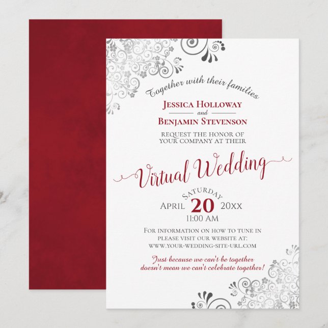 Lacy Silver Elegant Red & White Virtual Wedding Invitation (Front/Back)