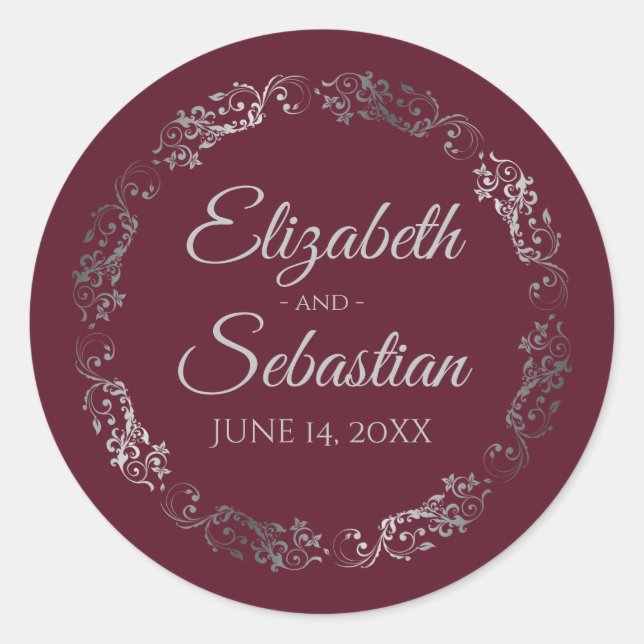 Lacy Silver Filigree Elegant Burgundy Wedding Classic Round Sticker (Front)