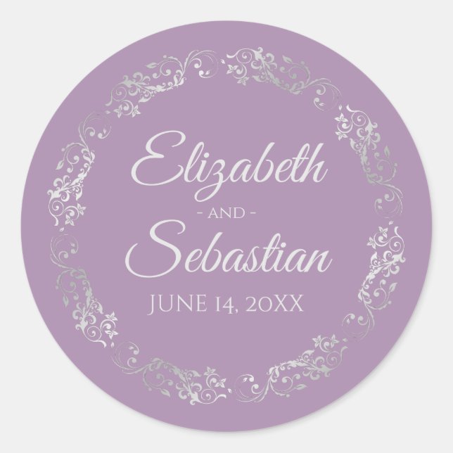 Lacy Silver Filigree Elegant Lavender Wedding Classic Round Sticker (Front)