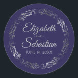 Lacy Silver Filigree Elegant Navy Blue Wedding Classic Round Sticker<br><div class="desc">These elegant wedding stickers feature fancy pale grey script text on a navy blue background with a lacy silver faux foil floral border. The text is fully customizable and contains the wedding couple's names and wedding date. Great as favour tags or envelope seals!</div>