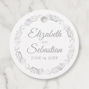 Lacy Silver Grey Border Elegant White Wedding Favour Tags