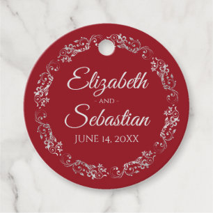 Lacy Silver Grey Frilly Border Elegant Red Wedding Favour Tags