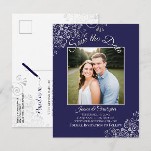 Lacy Silver Navy Blue Wedding Save the Date Photo Announcement Postcard