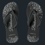 Lacy Silver on Black Elegant Bridesmaid Wedding Flip Flops<br><div class="desc">These elegant wedding flip flops are a great way to thank and recognize your bridesmaids, while giving their feet a rest after a long day. The beautiful design features an elegant design with ornate silver grey frills on a black background and fancy grey script lettering. The text reads Bridesmaid with...</div>