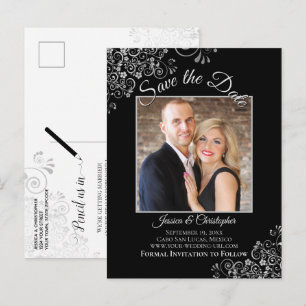 Lacy Silver on Black Wedding Save the Date Photo Announcement Postcard