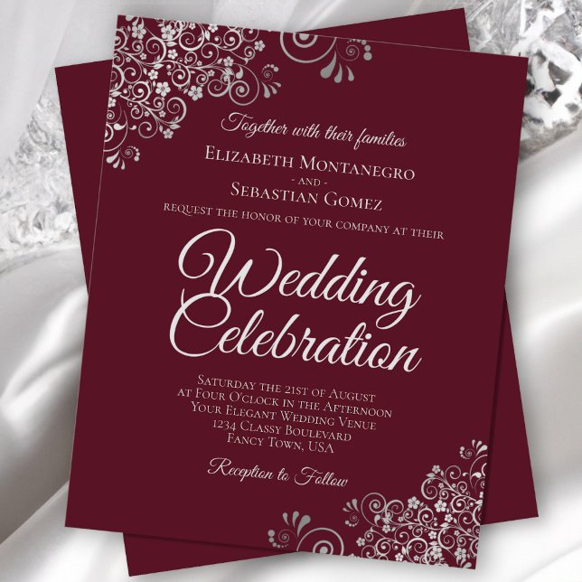 Lacy Silver on Burgundy BUDGET Wedding Invitation (Front/Back)