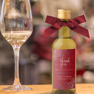 Lacy Silver on Red Wedding Thank You Mini Wine Label