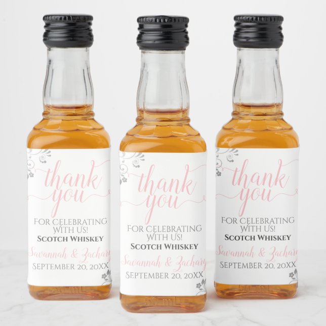 Lacy Silver & Pink on White Wedding Thank You Mini Liquor Bottle Label (Bottles)