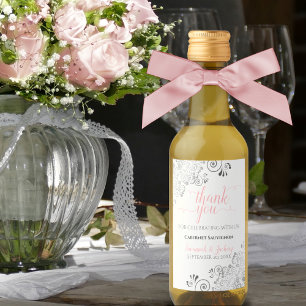 Lacy Silver & Pink on White Wedding Thank You Mini Wine Label