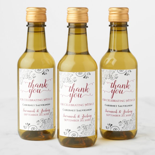 Lacy Silver & Red on White Wedding Thank You Mini Wine Label (Bottles)