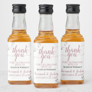 Lacy Silver & Rose on White Wedding Thank You Mini Liquor Bottle Label