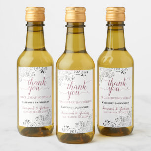 Lacy Silver & Rose on White Wedding Thank You Mini Wine Label