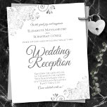 Lacy Silver White Wedding Reception BUDGET Invite<br><div class="desc">These affordable, budget friendly wedding reception invitations are the perfect choice for class, style, and beauty on a budget. Designed for guests who are invited to the reception but not the ceremony, they feature a classic white background with ornate silver faux foil frills in the corners. The typography includes fancy...</div>