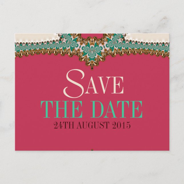 Lacy Teal Gold Pink Unique Save the Date Postcard (Front)