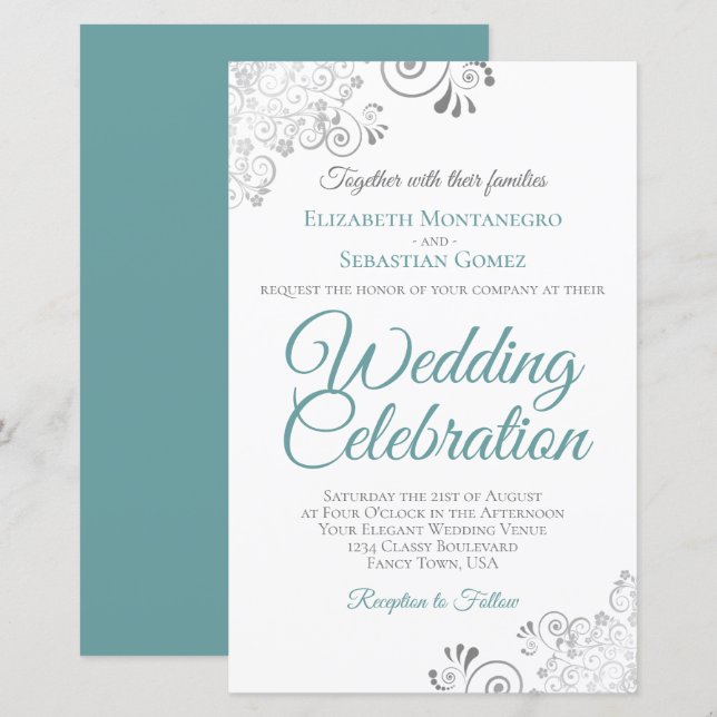 Lacy Teal & White BUDGET Wedding Invite Large (Front/Back)