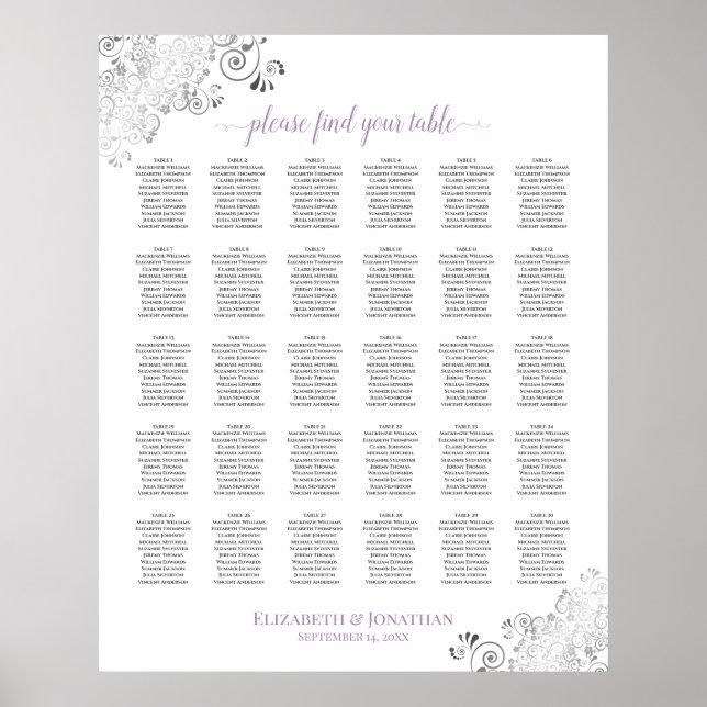 Lacy White Lavender 30 Table Wedding Seating Chart (Front)