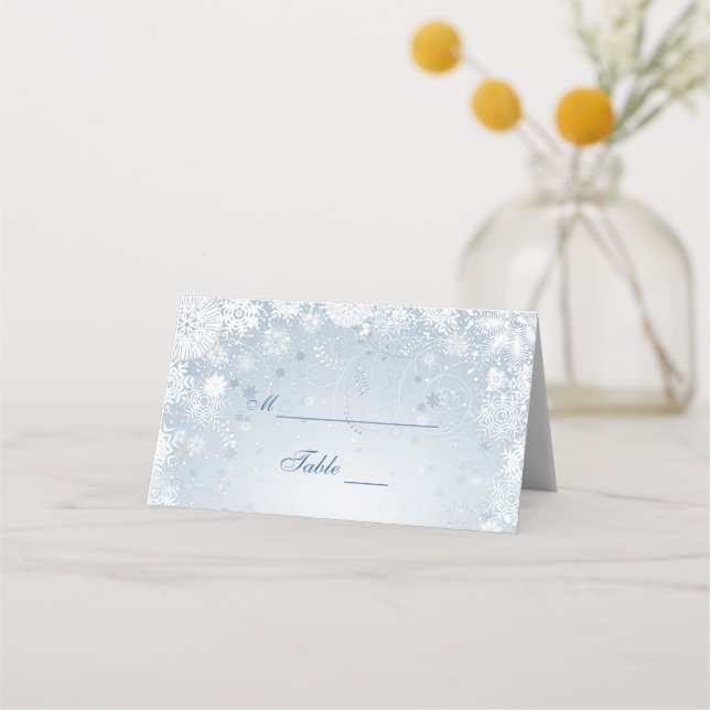 Lacy White Snowflakes on Silver Blue Place Card (Front)