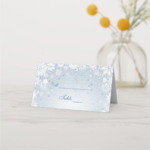 Lacy White Snowflakes on Silver Blue Place Card