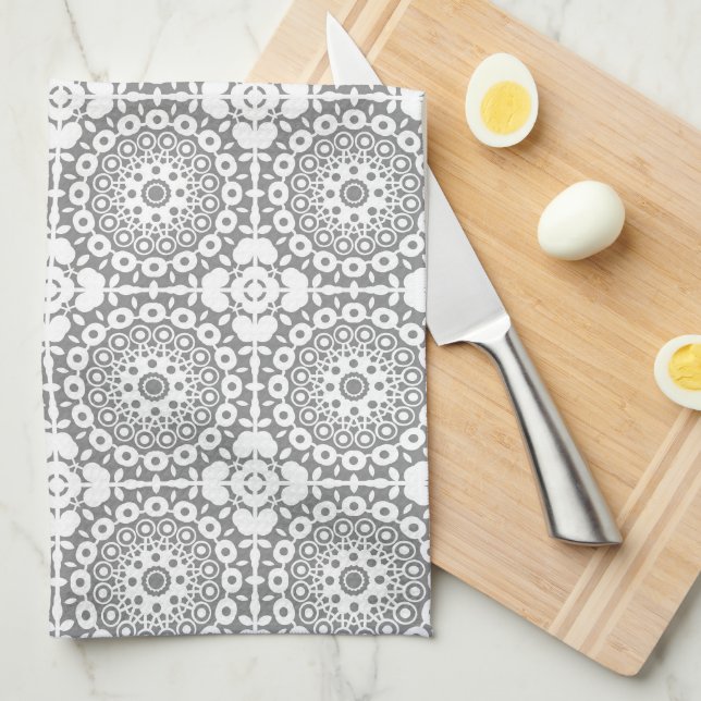 Lacy white squares on a light grey background kitchen towel (Quarter Fold)