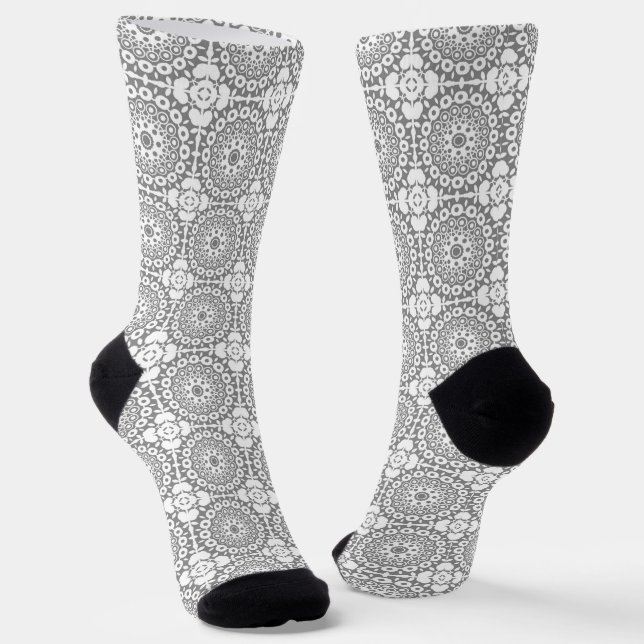 Lacy white squares on a light grey background socks (Angled)