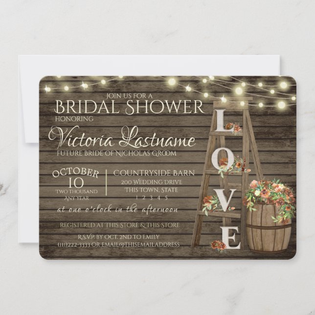 Ladder Wine Barrel and Roses Rustic Bridal Shower  Invitation (Front)