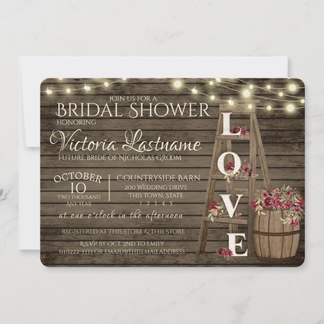 Ladder Wine Barrel and Roses Rustic Bridal Shower Invitation (Front)