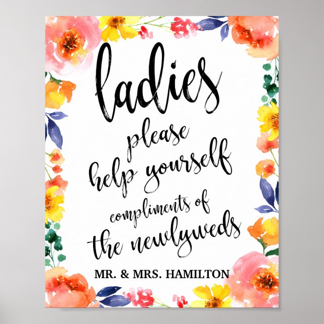Ladies Bathroom Wedding Basket 8x10 Floral Sign (Front)