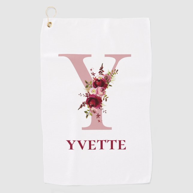 Ladies Blush Pink Floral Initial Y and Name Golf Towel (Front)