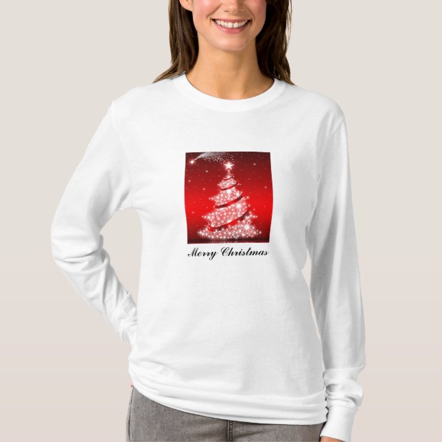Ladies Long Sleeve Sparkling Tree Holiday Shirt (Front)