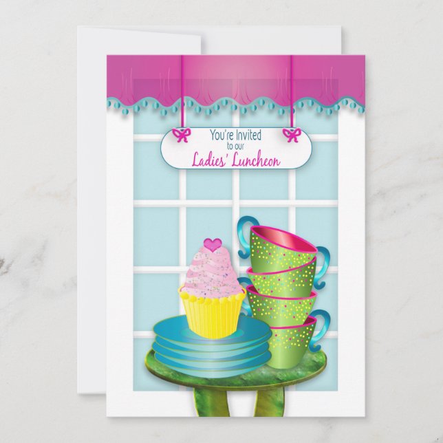 Ladies Luncheon, Tea Cups, Plates and Cupcakes Invitation (Front)