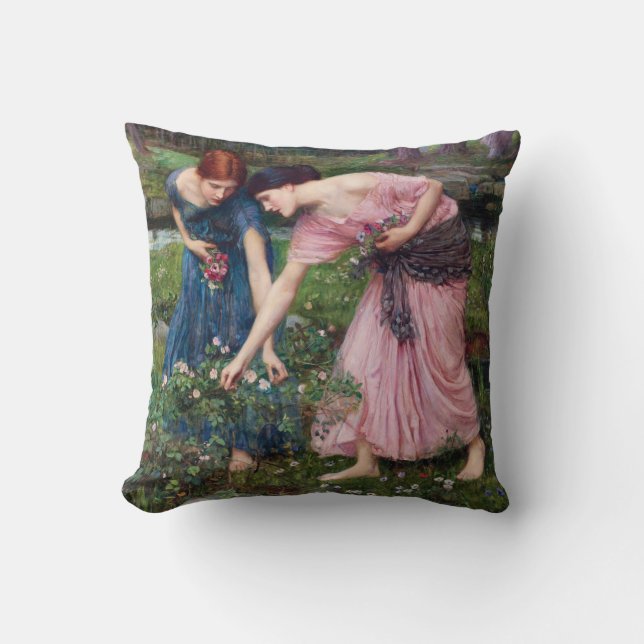 Ladies Picking Roses, John William Waterhouse Throw Pillow (Front)