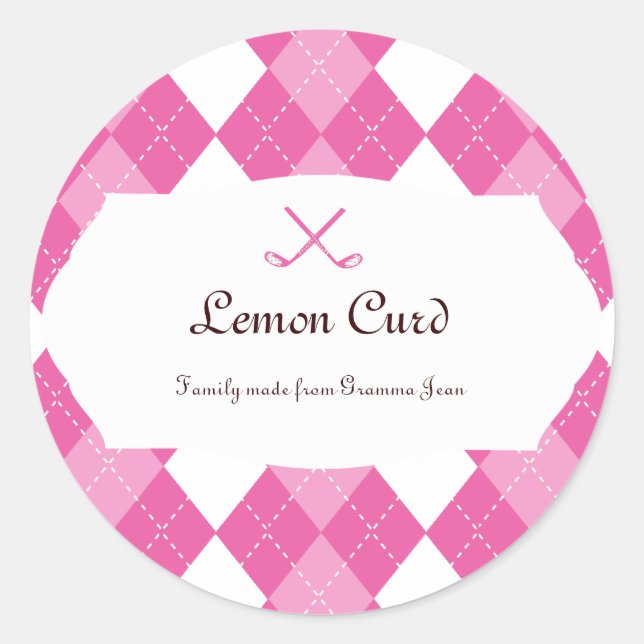Ladies Pink Golf Argyle Classic Round Sticker (Front)