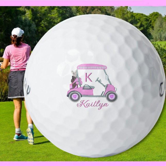 Ladies Pink Watercolor Cart Monogram Name Golf Balls (Creator Uploaded)