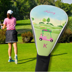 Ladies Pink Watercolor Cart Monogram Name Golf He Head Cover
