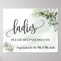 Ladies powder room wedding reception eucalyptus