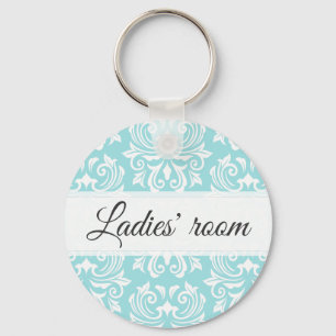 Ladies room pale blue damask pattern bathroom keychain
