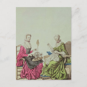 Ladies spinning and sewing, c.1765 postcard